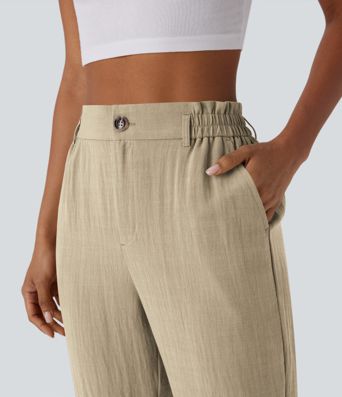 High Waisted Zipper Pocket Cropped Linen-Feel Pants