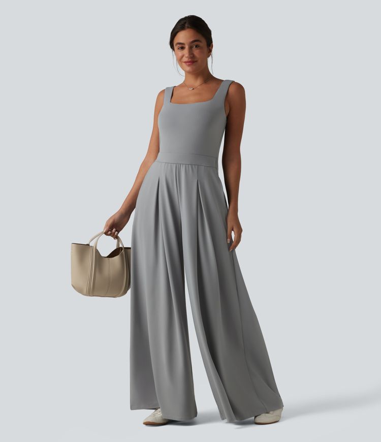 Square Neck Baggy Casual Jumpsuit with Pockets-Easy Peezy Edition