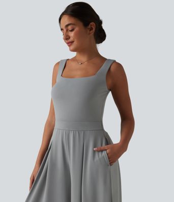 Square Neck Baggy Casual Jumpsuit with Pockets-Easy Peezy Edition