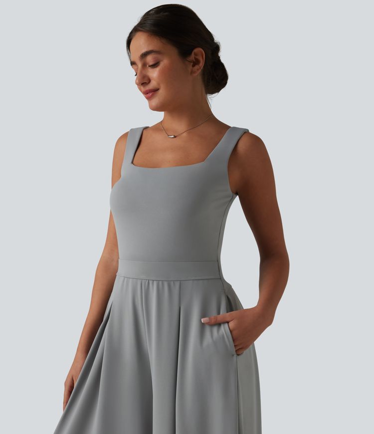 Square Neck Baggy Casual Jumpsuit with Pockets-Easy Peezy Edition