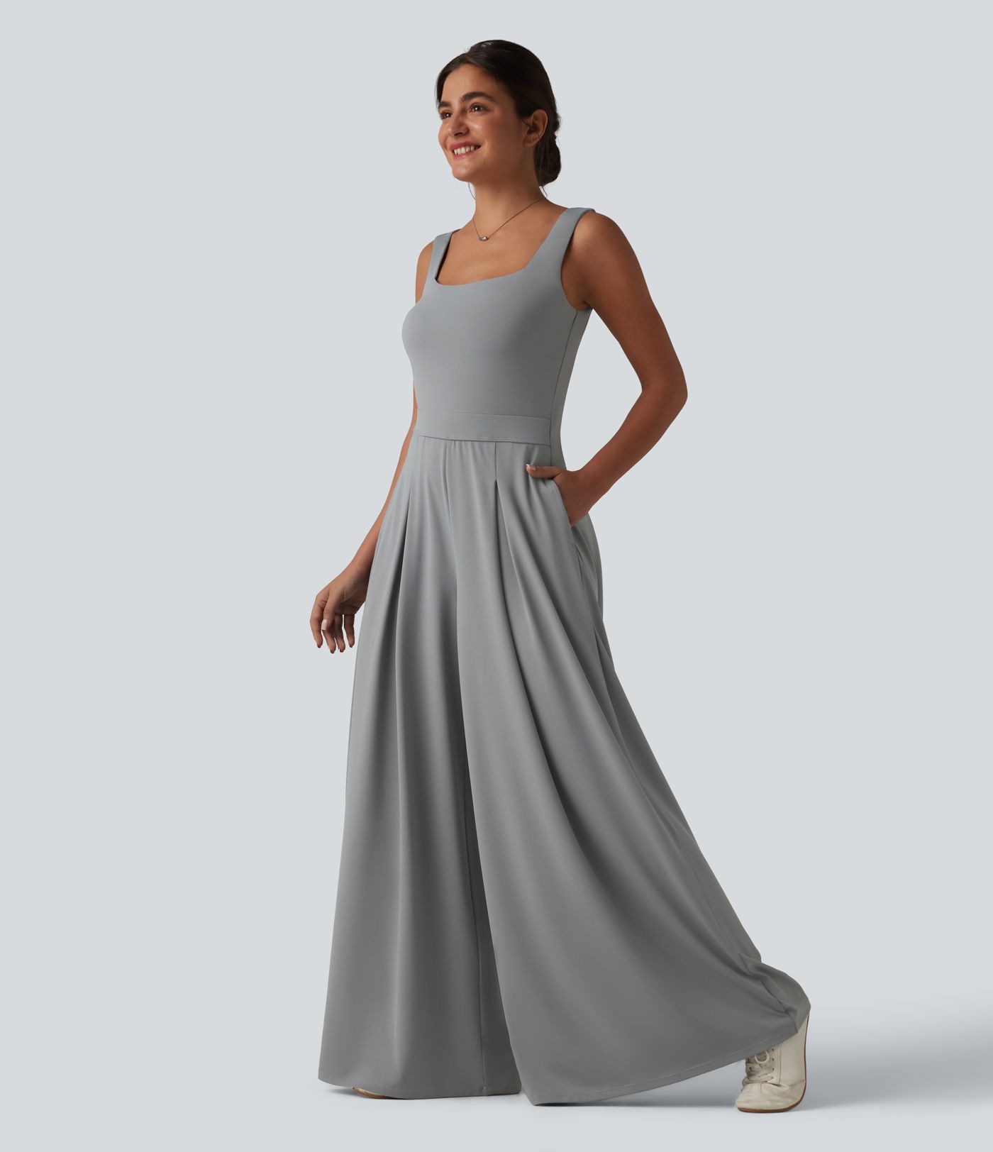 Square Neck Baggy Casual Jumpsuit with Pockets-Easy Peezy Edition