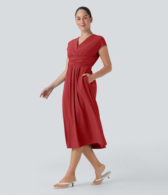 Breezeful™ V Neck Short Sleeve Pocket Tie Back Quick Dry Midi Casual Dress Breezeful™ V Neck Short Sleeve Pocket Tie Back Quick Dry Midi Casual Dress