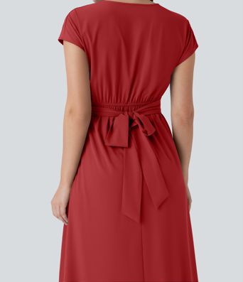 Breezeful™ V Neck Short Sleeve Pocket Tie Back Quick Dry Midi Casual Dress Breezeful™ V Neck Short Sleeve Pocket Tie Back Quick Dry Midi Casual Dress