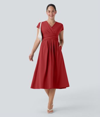Breezeful™ V Neck Short Sleeve Pocket Tie Back Quick Dry Midi Casual Dress Breezeful™ V Neck Short Sleeve Pocket Tie Back Quick Dry Midi Casual Dress