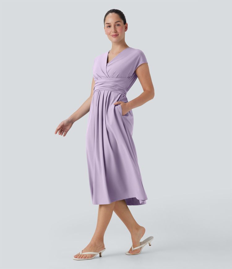 Breezeful™ V-Ausschnitt Kurzarm Seitentasche Bindeband hinten Schnelltrocknendes Midi-Freizeitkleid