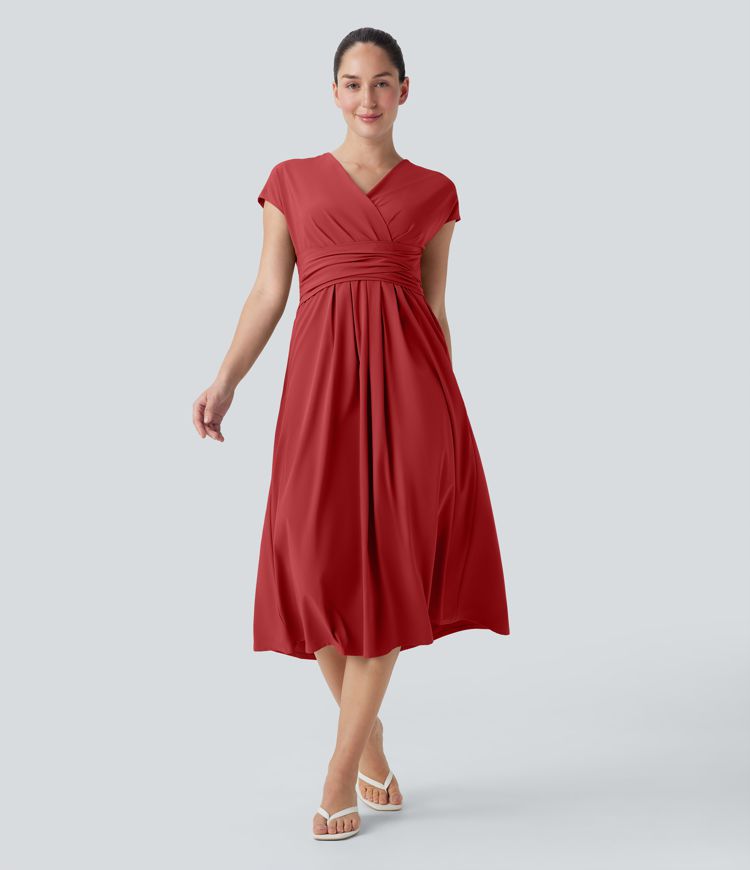 Breezeful™ V Neck Short Sleeve Pocket Tie Back Quick Dry Midi Casual Dress Breezeful™ V Neck Short Sleeve Pocket Tie Back Quick Dry Midi Casual Dress