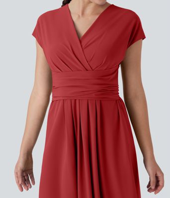 Breezeful™ V Neck Short Sleeve Pocket Tie Back Quick Dry Midi Casual Dress Breezeful™ V Neck Short Sleeve Pocket Tie Back Quick Dry Midi Casual Dress