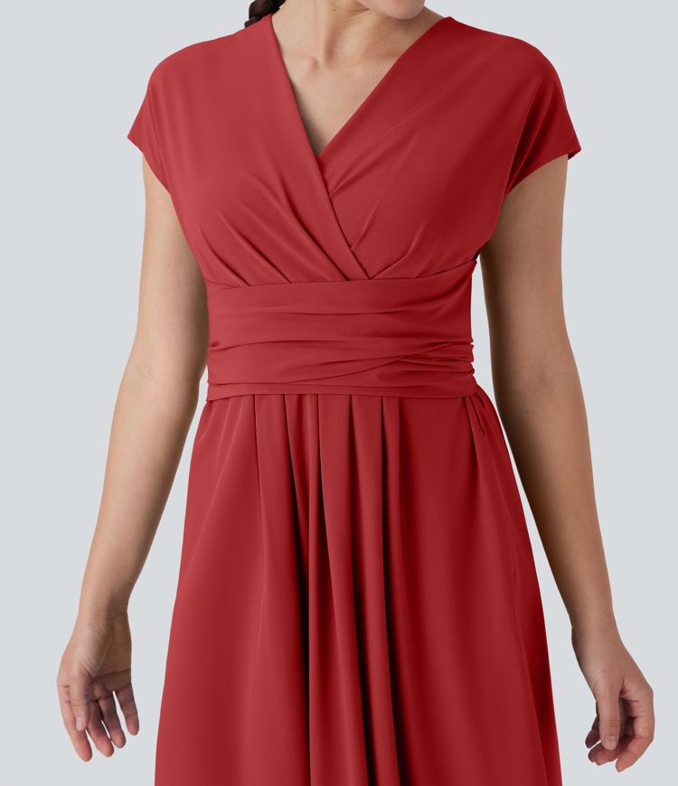 Breezeful™ V Neck Short Sleeve Pocket Tie Back Quick Dry Midi Casual Dress Breezeful™ V Neck Short Sleeve Pocket Tie Back Quick Dry Midi Casual Dress