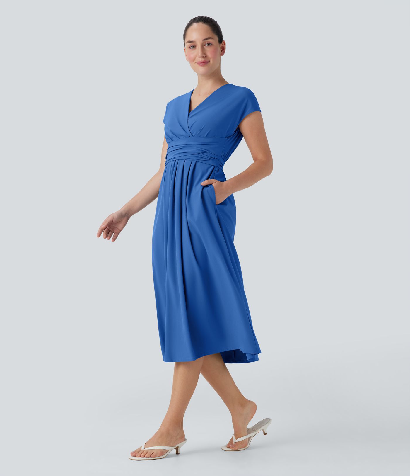 Breezeful™ V-Ausschnitt Kurzarm Tasche Rückenband Schnelltrocknend Midi Freizeitkleid