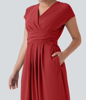 Breezeful™ V Neck Short Sleeve Pocket Tie Back Quick Dry Midi Casual Dress Breezeful™ V Neck Short Sleeve Pocket Tie Back Quick Dry Midi Casual Dress