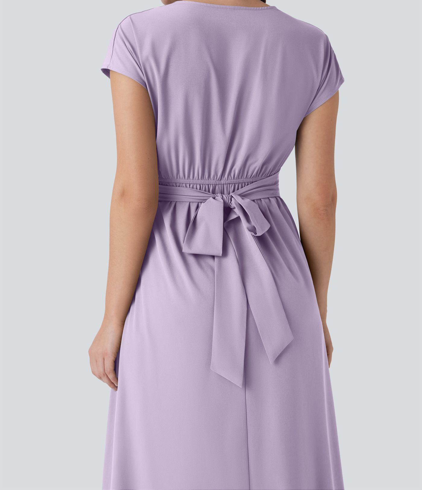 Breezeful™ V-Ausschnitt Kurzarm Seitentasche Bindeband hinten Schnelltrocknendes Midi-Freizeitkleid