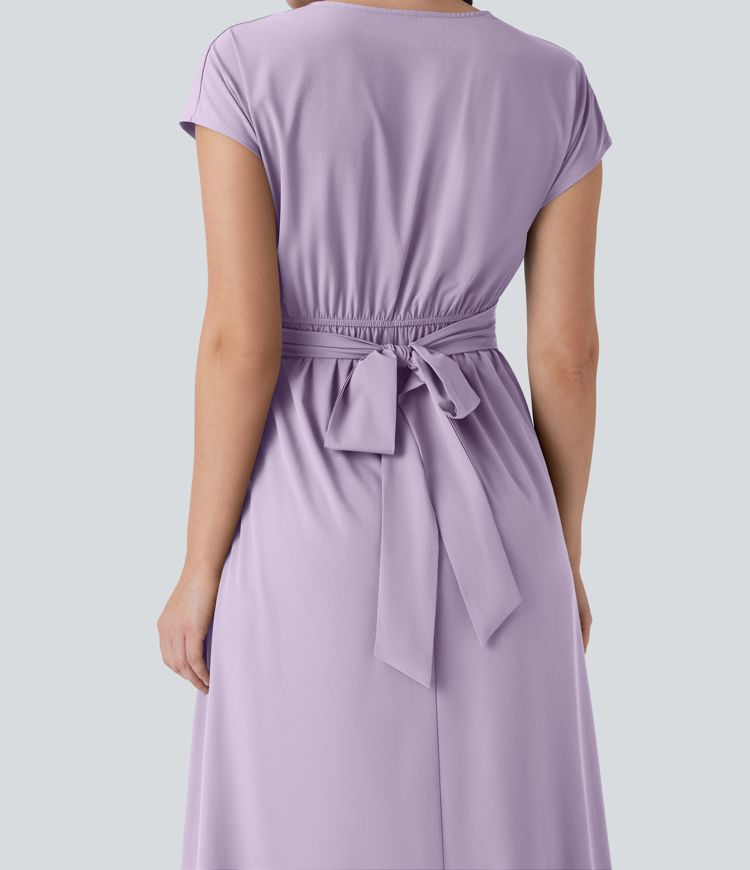 Breezeful™ V-Ausschnitt Kurzarm Seitentasche Bindeband hinten Schnelltrocknendes Midi-Freizeitkleid