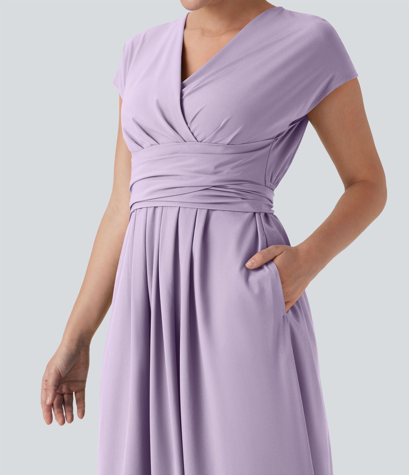 Breezeful™ V-Ausschnitt Kurzarm Seitentasche Bindeband hinten Schnelltrocknendes Midi-Freizeitkleid