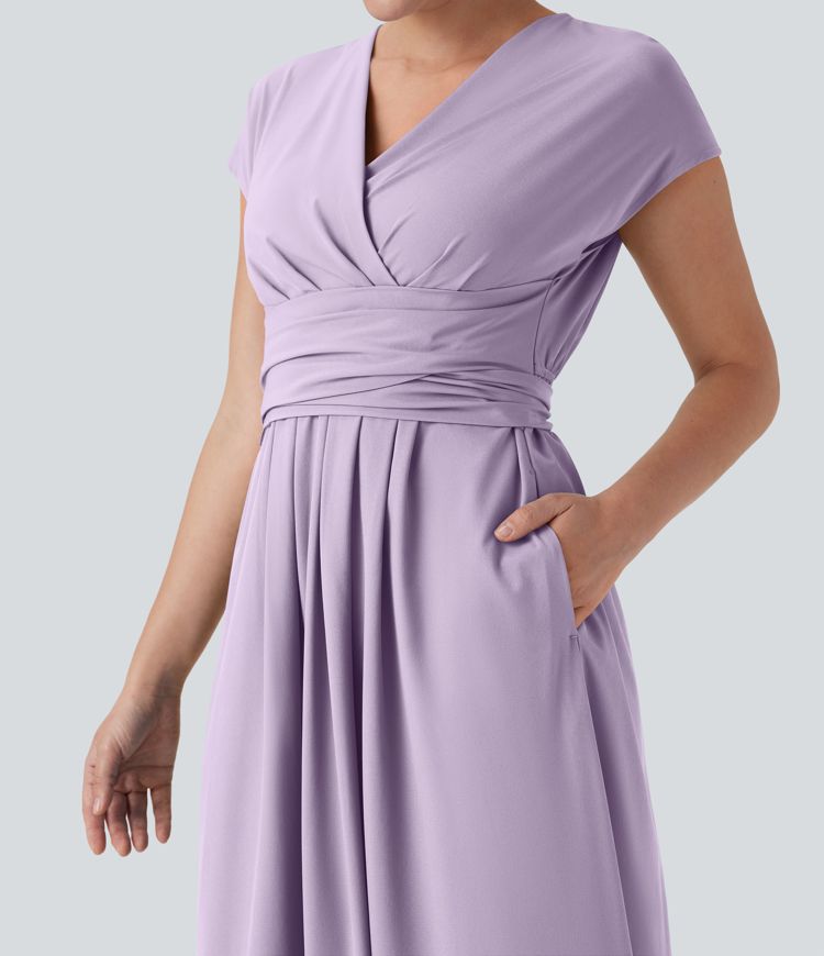 Breezeful™ V-Ausschnitt Kurzarm Seitentasche Bindeband hinten Schnelltrocknendes Midi-Freizeitkleid