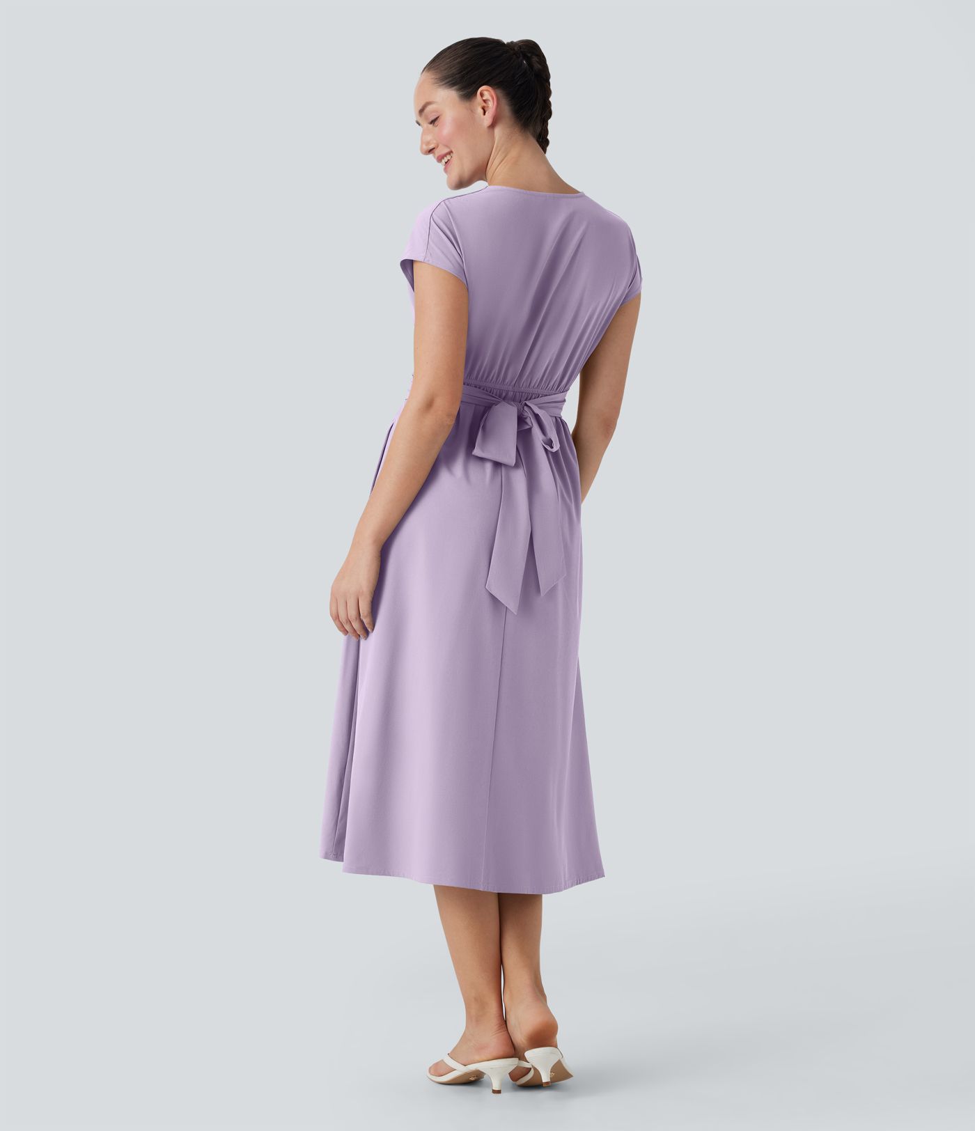 Breezeful™ V-Ausschnitt Kurzarm Seitentasche Bindeband hinten Schnelltrocknendes Midi-Freizeitkleid