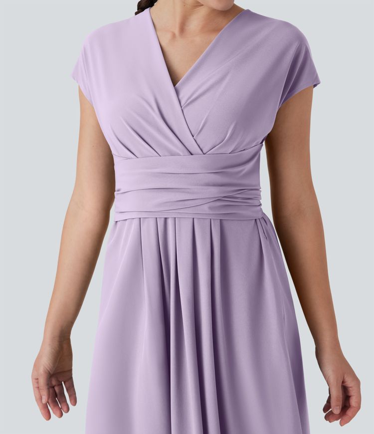 Breezeful™ V-Ausschnitt Kurzarm Seitentasche Bindeband hinten Schnelltrocknendes Midi-Freizeitkleid