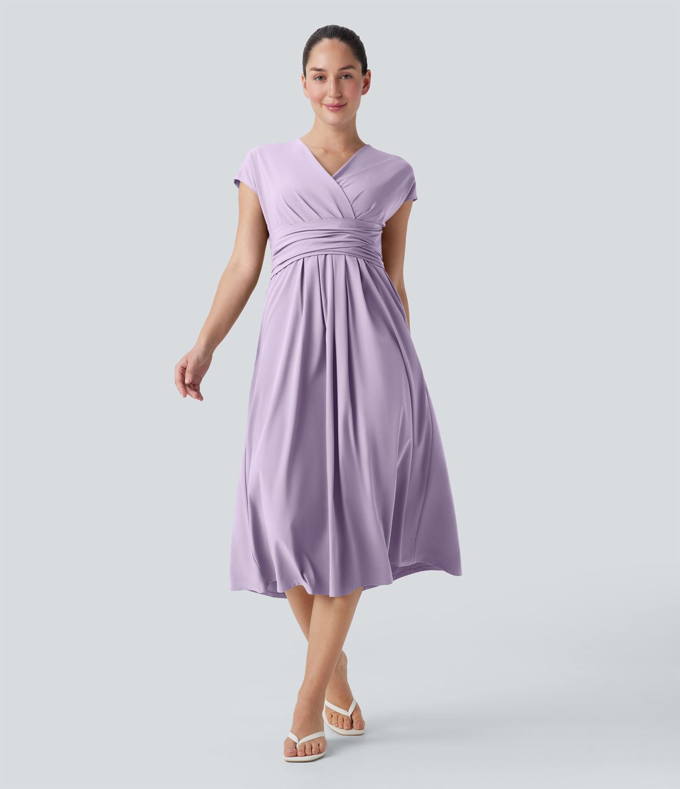 Breezeful™ V-Ausschnitt Kurzarm Seitentasche Bindeband hinten Schnelltrocknendes Midi-Freizeitkleid