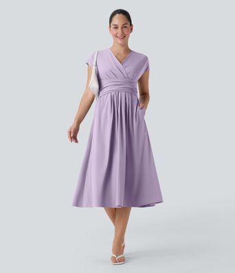 Breezeful™ V-Ausschnitt Kurzarm Seitentasche Bindeband hinten Schnelltrocknendes Midi-Freizeitkleid