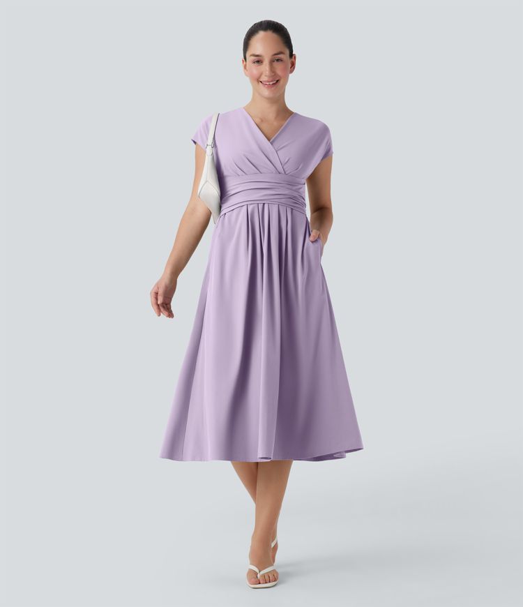 Breezeful™ V-Ausschnitt Kurzarm Seitentasche Bindeband hinten Schnelltrocknendes Midi-Freizeitkleid