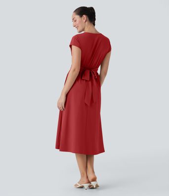 Breezeful™ V Neck Short Sleeve Pocket Tie Back Quick Dry Midi Casual Dress Breezeful™ V Neck Short Sleeve Pocket Tie Back Quick Dry Midi Casual Dress
