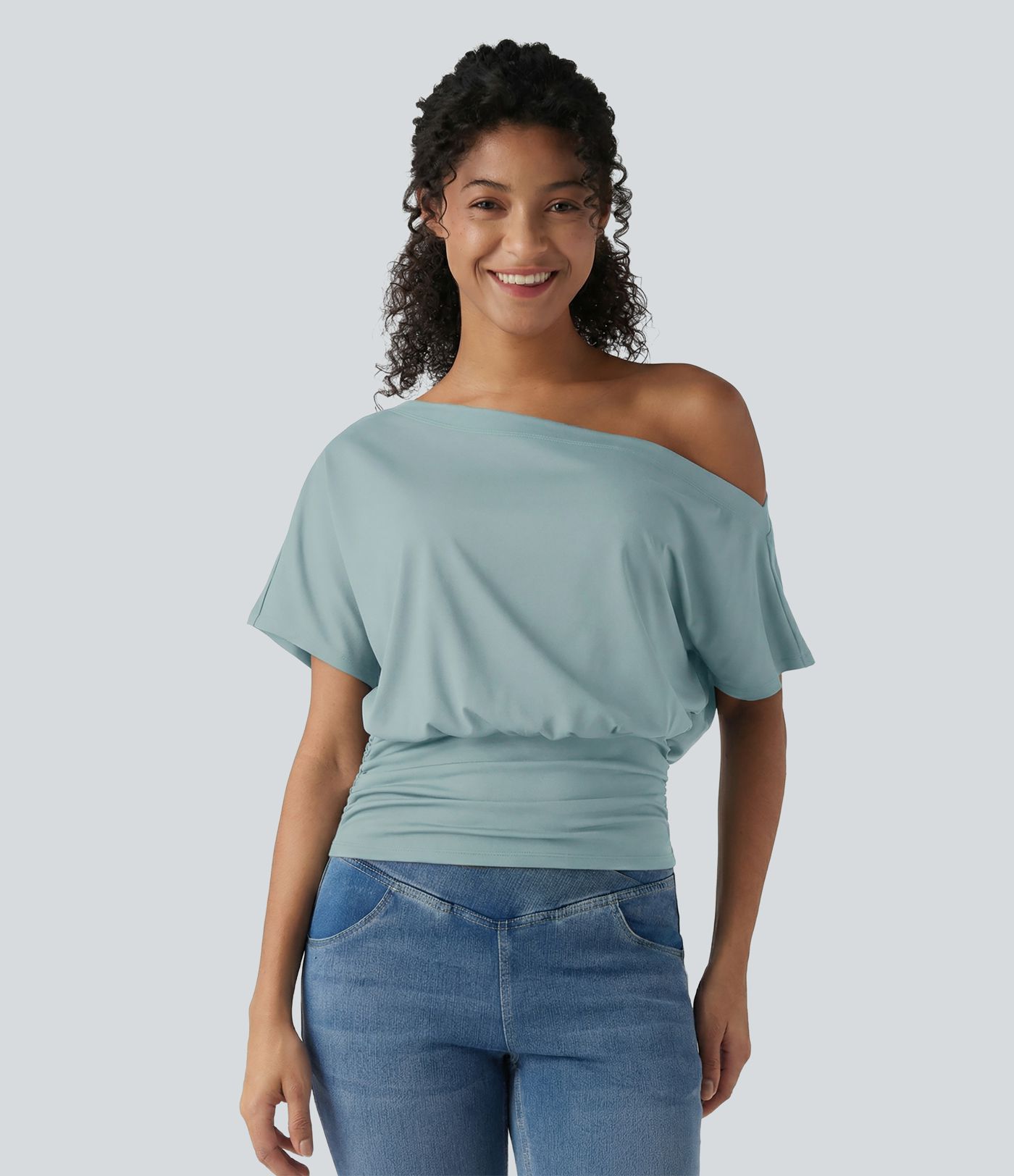 One Shoulder Short Sleeve Ruched Casual Top One Shoulder Short Sleeve Ruched Casual Top