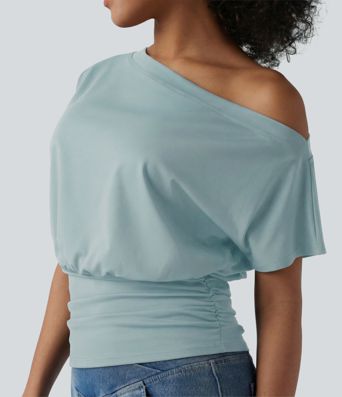 One Shoulder Short Sleeve Ruched Casual Top One Shoulder Short Sleeve Ruched Casual Top