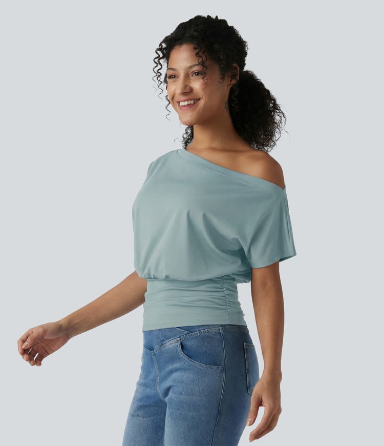 One Shoulder Short Sleeve Ruched Casual Top One Shoulder Short Sleeve Ruched Casual Top