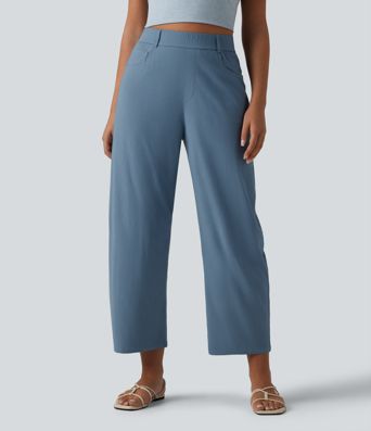 Pantalon casual taille haute en lin stretch coupe barrel avec poches