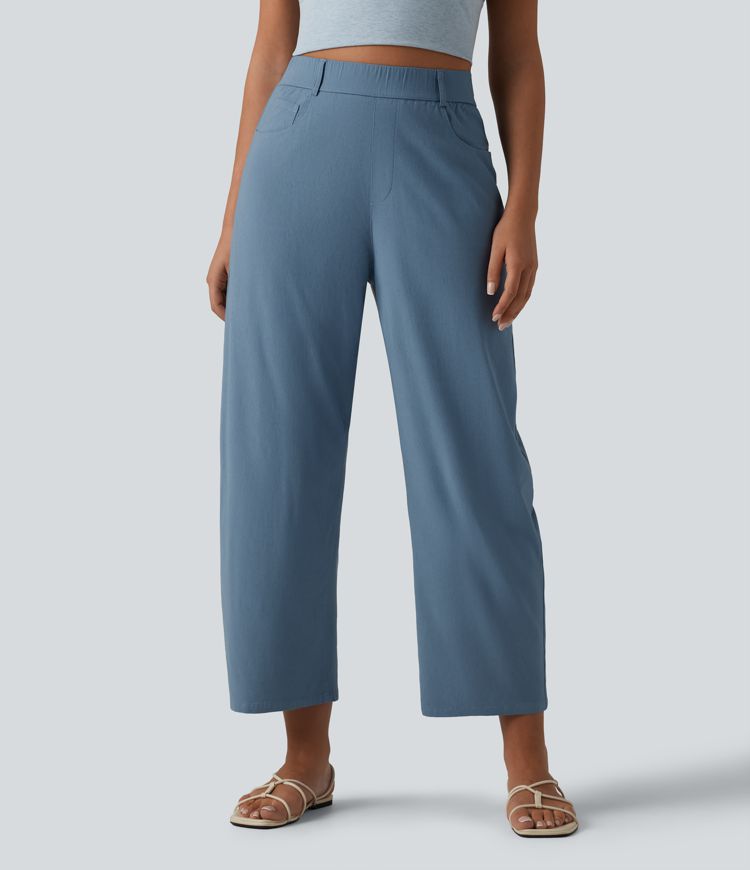 Pantalon casual taille haute en lin stretch coupe barrel avec poches