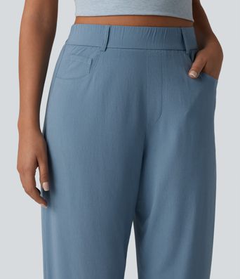 Pantalon casual taille haute en lin stretch coupe barrel avec poches