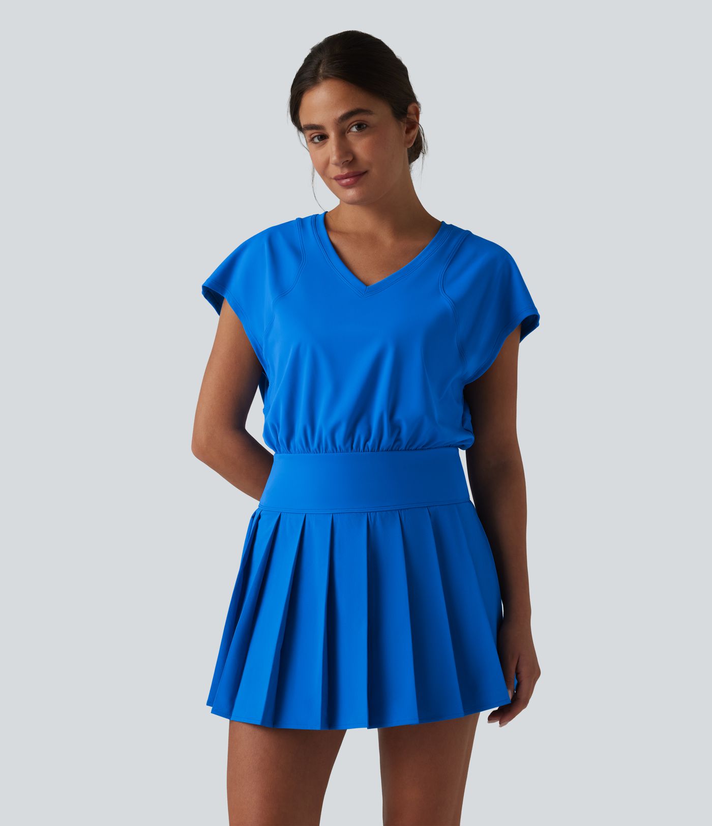 V-neck Invisible Zipper Short Sleeve Pleated Hem 2-in-1 Mini Tennis Active Dress with Pockets