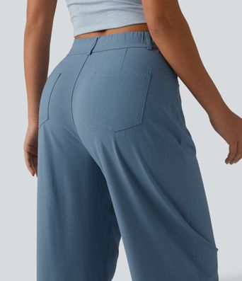 Pantalon casual taille haute en lin stretch coupe barrel avec poches