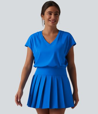 V-neck Invisible Zipper Short Sleeve Pleated Hem 2-in-1 Mini Tennis Active Dress with Pockets