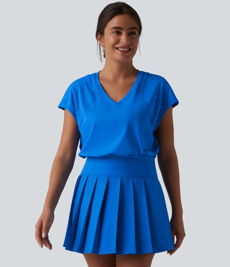 V-neck Invisible Zipper Short Sleeve Pleated Hem 2-in-1 Mini Tennis Active Dress with Pockets