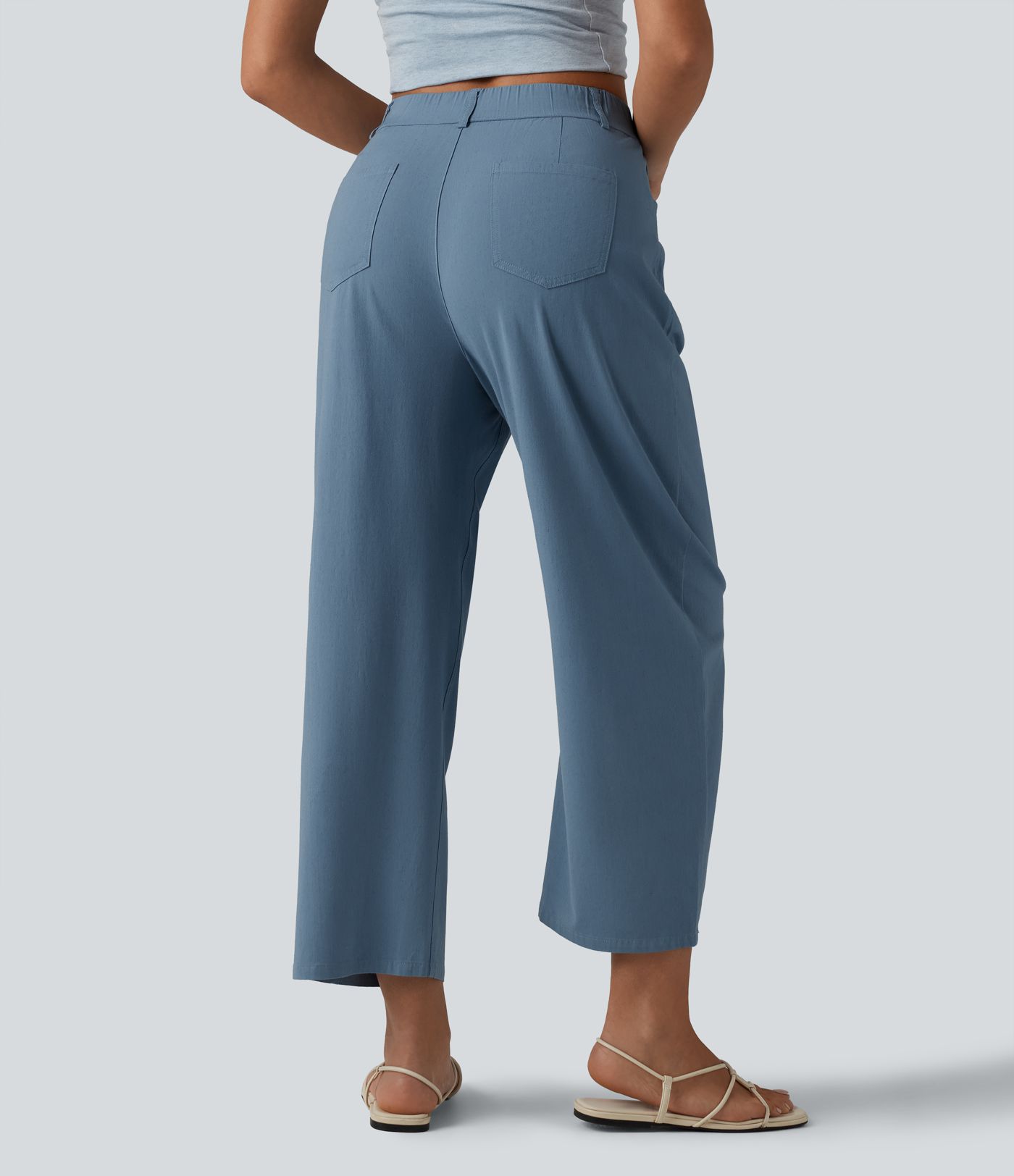 Pantalon casual taille haute en lin stretch coupe barrel avec poches