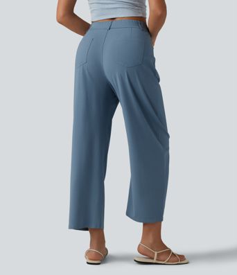 Pantalon casual taille haute en lin stretch coupe barrel avec poches