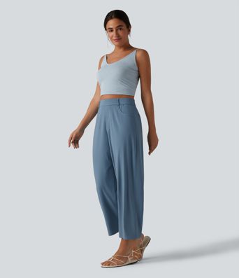 Pantalon casual taille haute en lin stretch coupe barrel avec poches