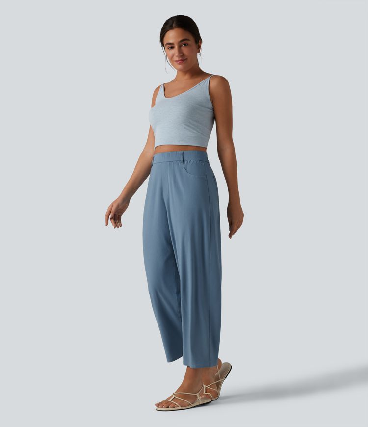 Pantalon casual taille haute en lin stretch coupe barrel avec poches