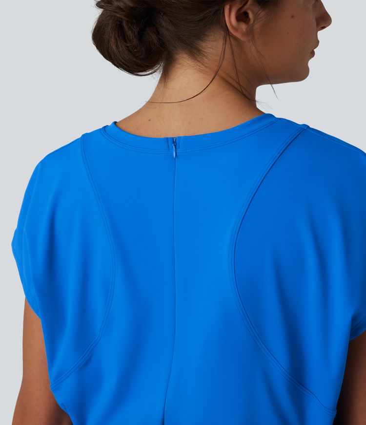 V-neck Invisible Zipper Short Sleeve Pleated Hem 2-in-1 Mini Tennis Active Dress with Pockets
