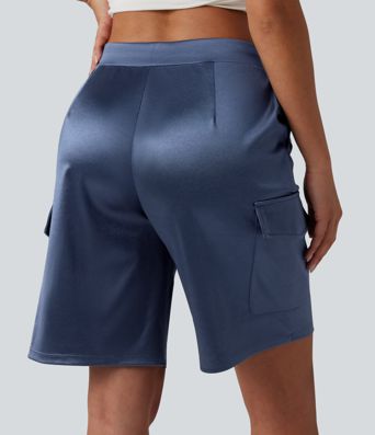 Mid Rise Drawstring Satin Casual Cargo Shorts 9'' with Pockets