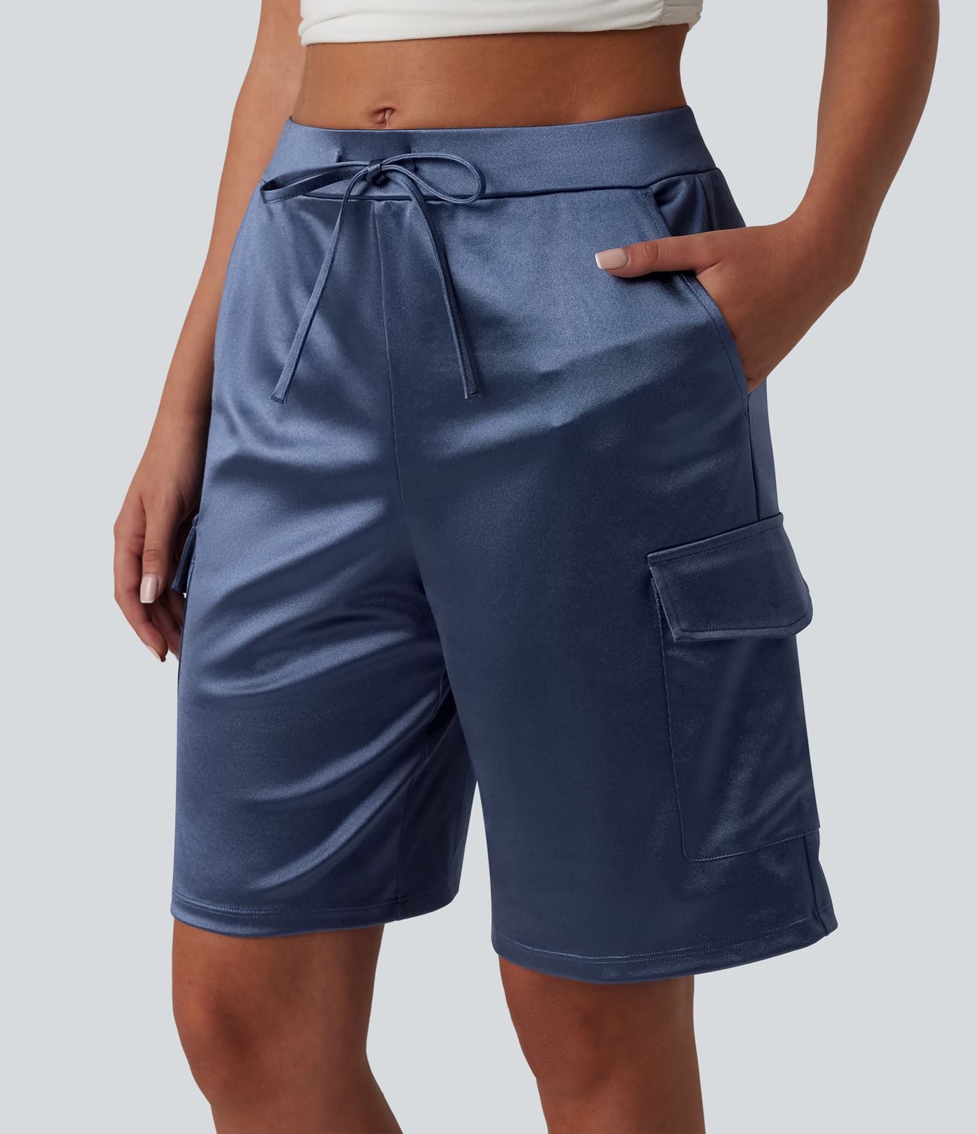 Mid Rise Drawstring Satin Casual Cargo Shorts 9'' with Pockets
