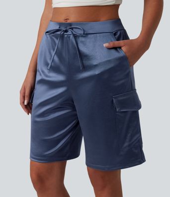 Mid Rise Drawstring Satin Casual Cargo Shorts 9'' with Pockets