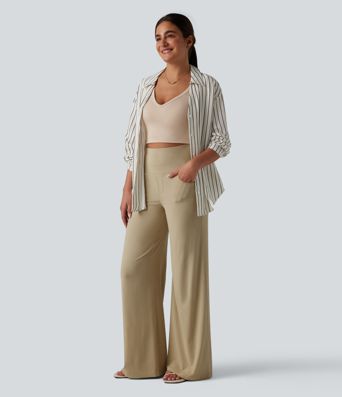 Hochgeschnittene, figurformende Freizeithose aus Stretch-Leinen mit weitem Bein und Taschen