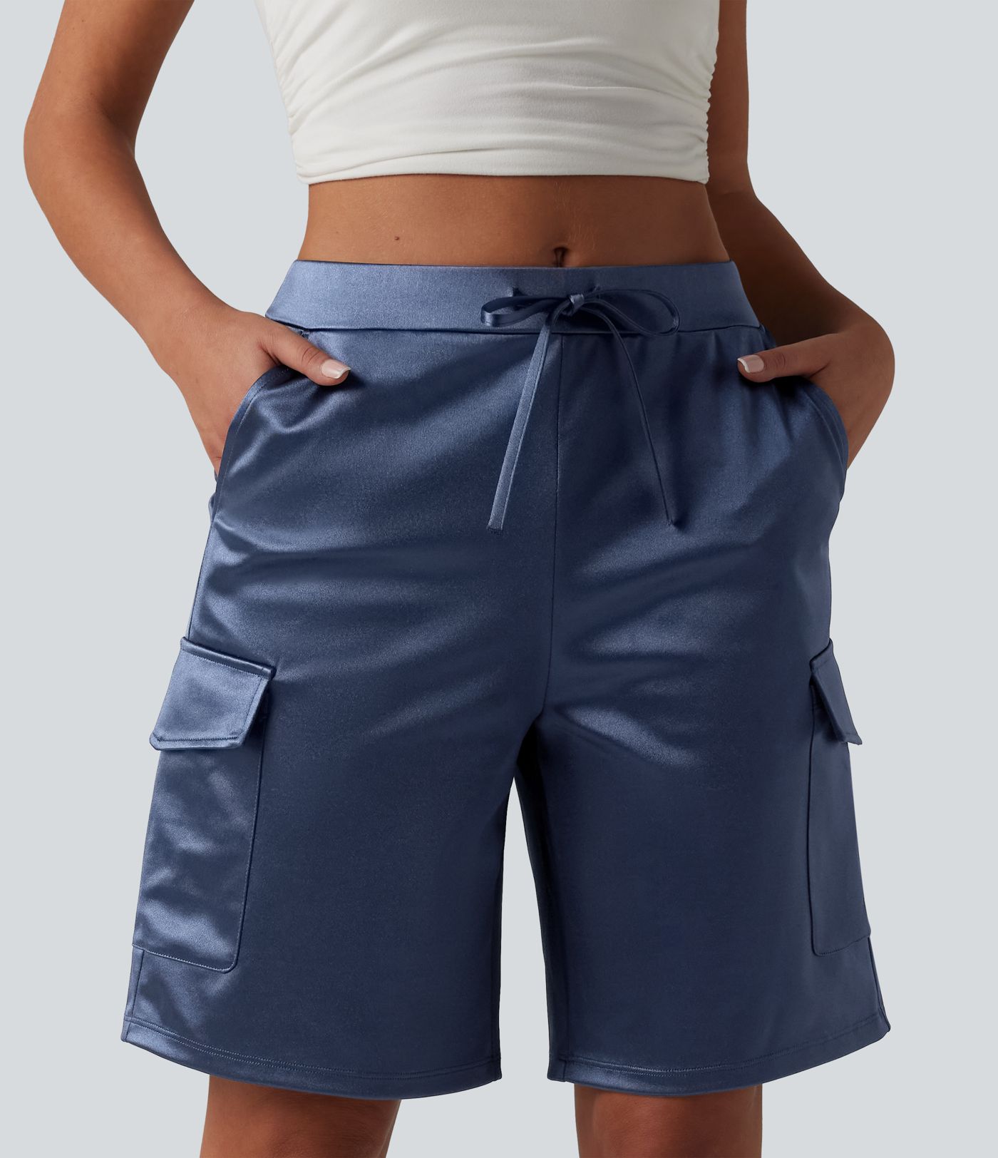 Mid Rise Drawstring Satin Casual Cargo Shorts 9'' with Pockets