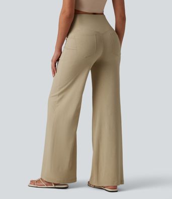 Hochgeschnittene, figurformende Freizeithose aus Stretch-Leinen mit weitem Bein und Taschen