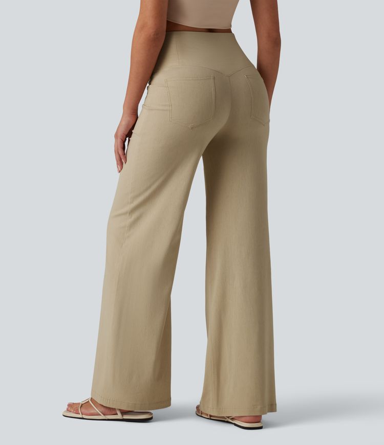 Hochgeschnittene, figurformende Freizeithose aus Stretch-Leinen mit weitem Bein und Taschen