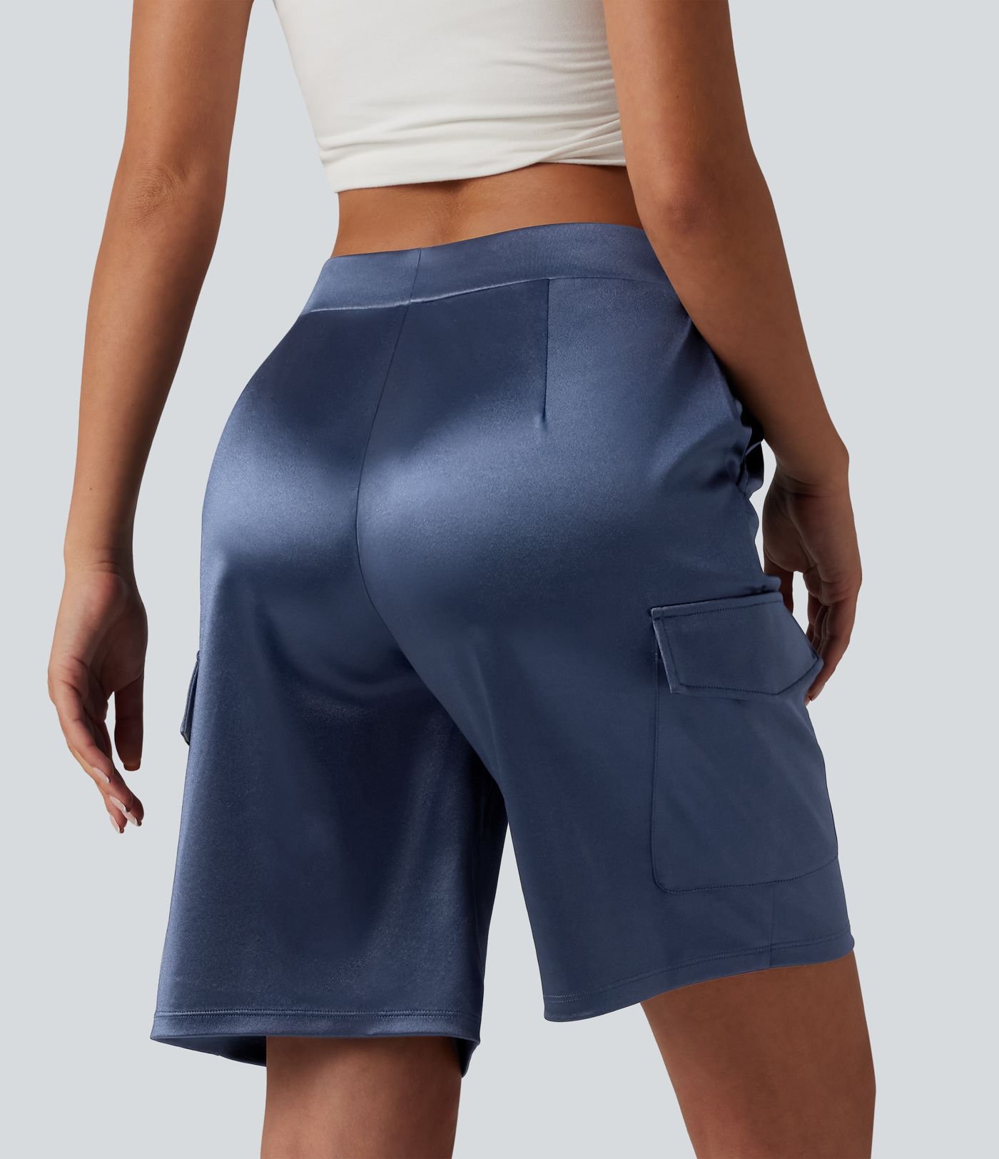 Mid Rise Drawstring Satin Casual Cargo Shorts 9'' with Pockets