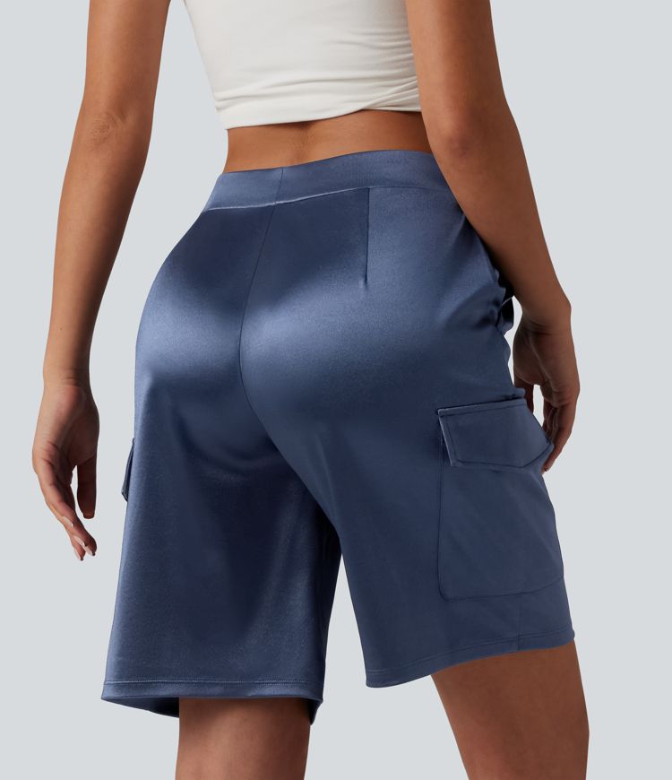 Mid Rise Drawstring Satin Casual Cargo Shorts 9'' with Pockets