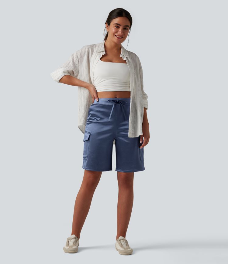 Mid Rise Drawstring Satin Casual Cargo Shorts 9'' with Pockets
