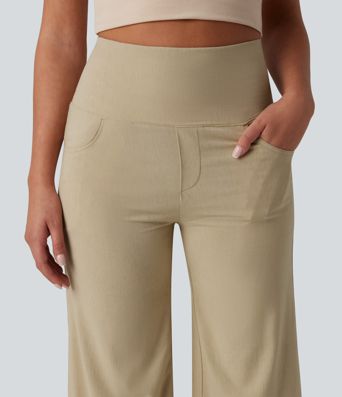 Hochgeschnittene, figurformende Freizeithose aus Stretch-Leinen mit weitem Bein und Taschen